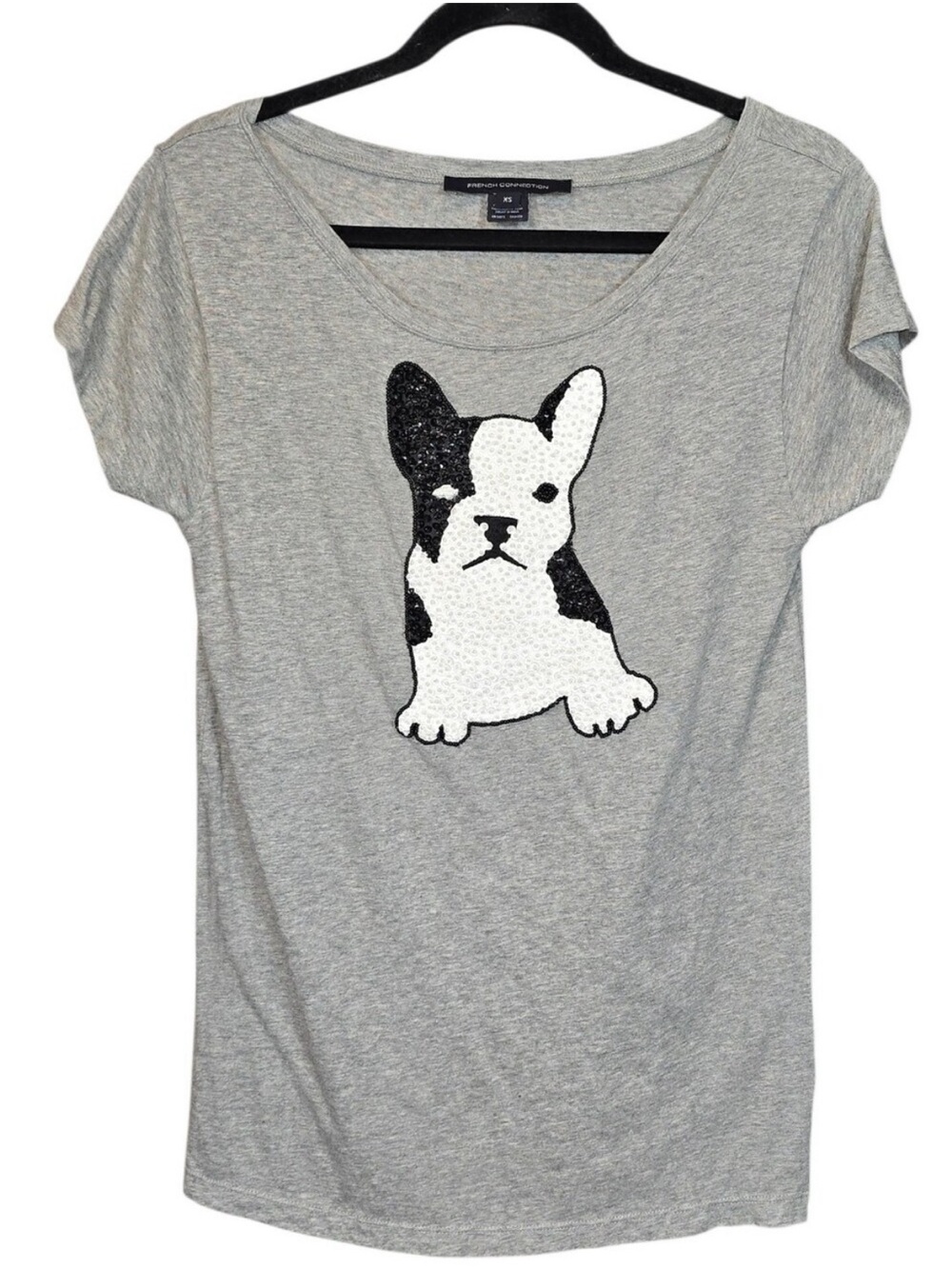French Connection Gray Sequin French Bulldog Tee